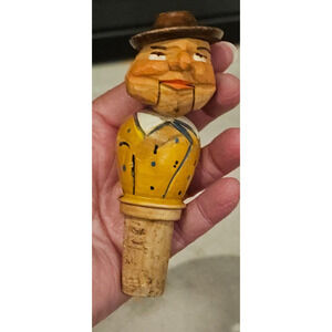 Vintage Hand Carved & Painted German Cork Bottle Stopper Mechanical 4 1/2"